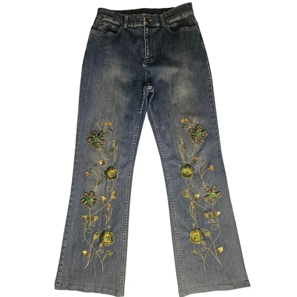 Vintage Willi Smith Floral Embroidered Jeans Size 8 Bootcut - Picture 3 of 8